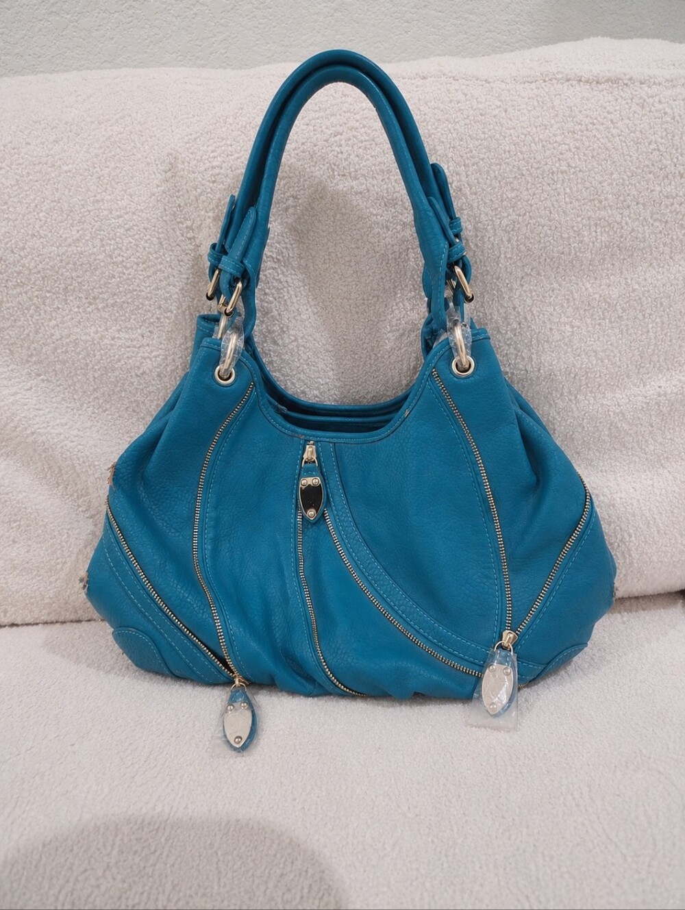 JustFab Blue Large Handle Bag Zip Closure, Lined Inner/Outer Pockets
